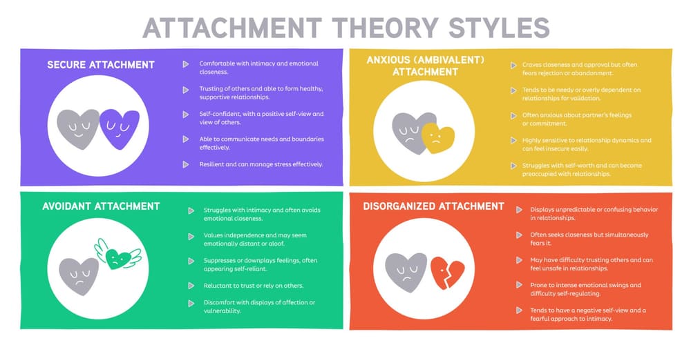 A diagram of the four attachment theory styles: Secure, Anxious (Ambivalent), Avoidant, and Disorganized Attachment
