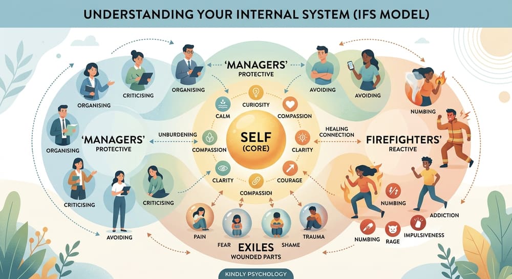 A diagram of the IFS model showing the core Self surrounded by protective Managers, reactive Firefighters, and wounded Exile parts